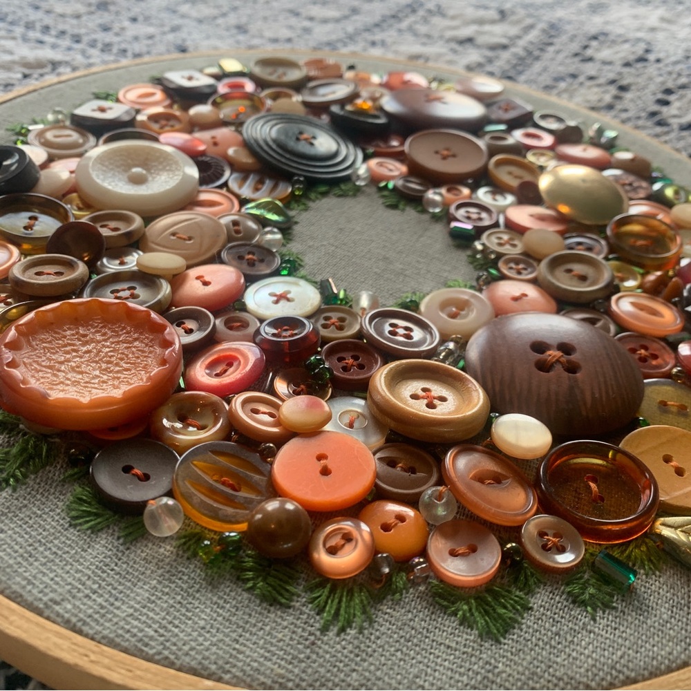 Handmade copper button wreath made with antique buttons